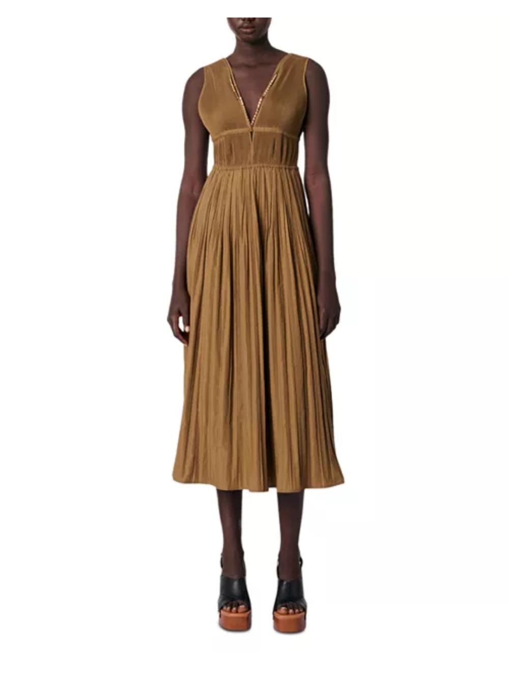 Maje Camel Sleeveless V-Neck Pleated Midi Dress